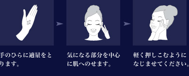 手のひらに適量をとります。気になる部分を中心に肌へのせます。軽く押しこむようになじませてください。